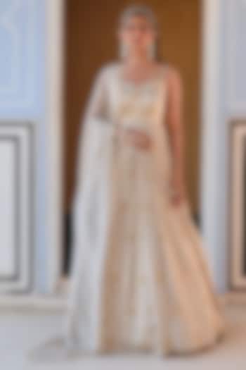 Grey Raw Satin Floral Embroidered Wedding Anarkali Set by Ease at Pernia's Pop Up Shop