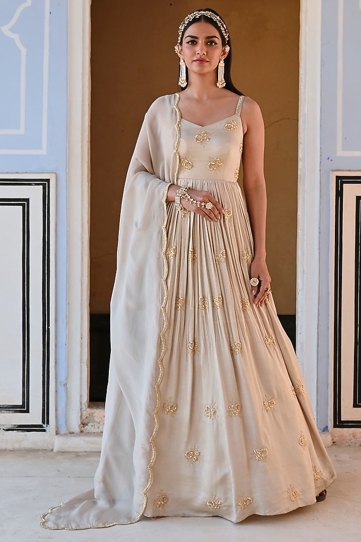 Grey Raw Satin Floral Embroidered Wedding Anarkali Set by Ease at Pernia's Pop Up Shop