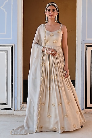 Grey Raw Satin Floral Embroidered Anarkali Set by Ease
