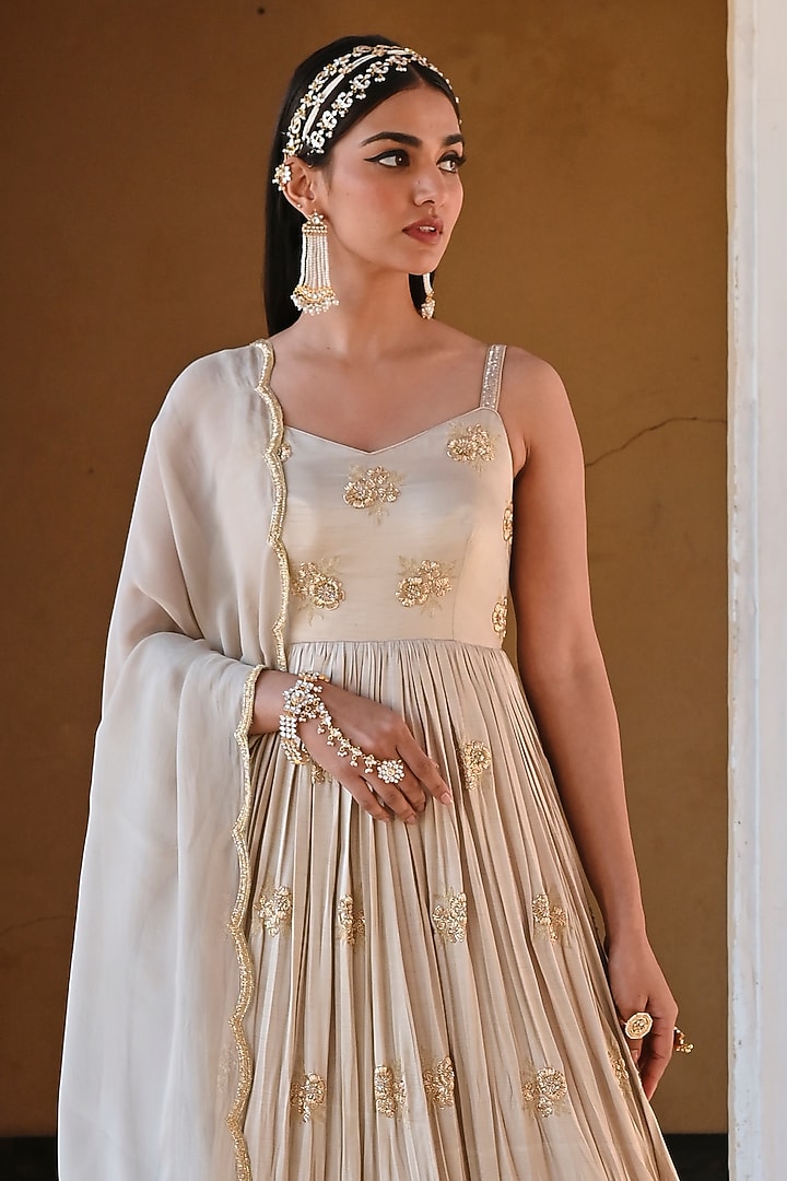 Grey Raw Satin Floral Embroidered Wedding Anarkali Set by Ease at Pernia's Pop Up Shop
