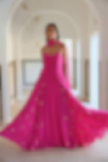 Bright Pink Pure Crepe Floral Embroidered Godet Wedding Anarkali Set by Ease at Pernia's Pop Up Shop