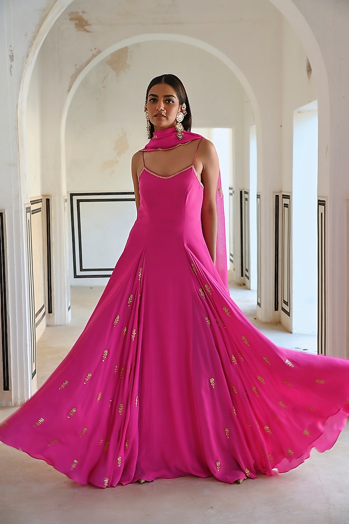 Bright Pink Pure Crepe Floral Embroidered Godet Wedding Anarkali Set by Ease at Pernia's Pop Up Shop