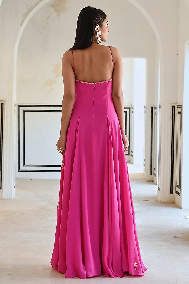 Bright Pink Pure Crepe Floral Embroidered Godet Wedding Anarkali Set by Ease at Pernia's Pop Up Shop