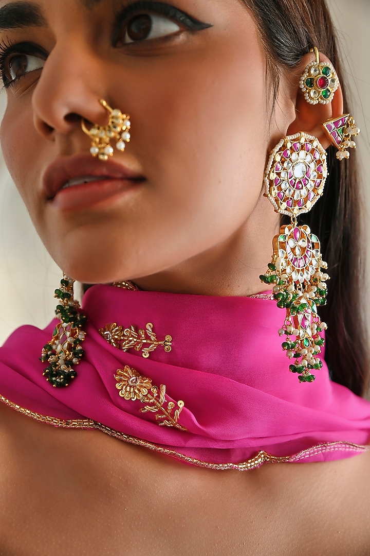 Bright Pink Pure Crepe Floral Embroidered Godet Wedding Anarkali Set by Ease at Pernia's Pop Up Shop
