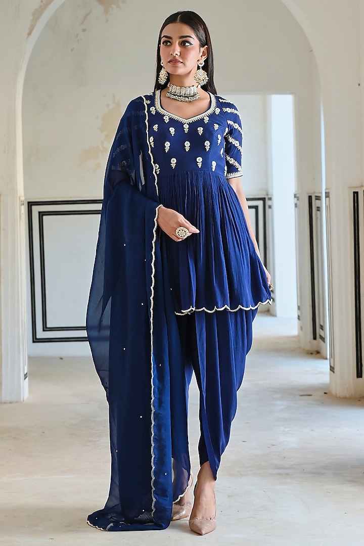 Royal Blue Pure Crepe Dhoti Set by Ease at Pernia's Pop Up Shop