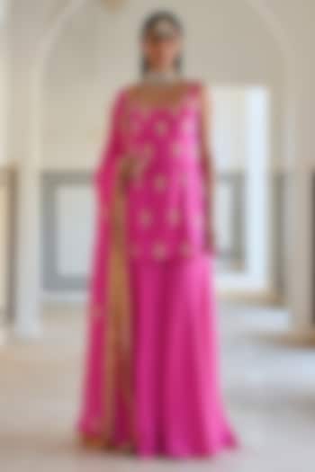 Bright Pink Raw Satin Floral Embroidered Kurta Set by Ease at Pernia's Pop Up Shop