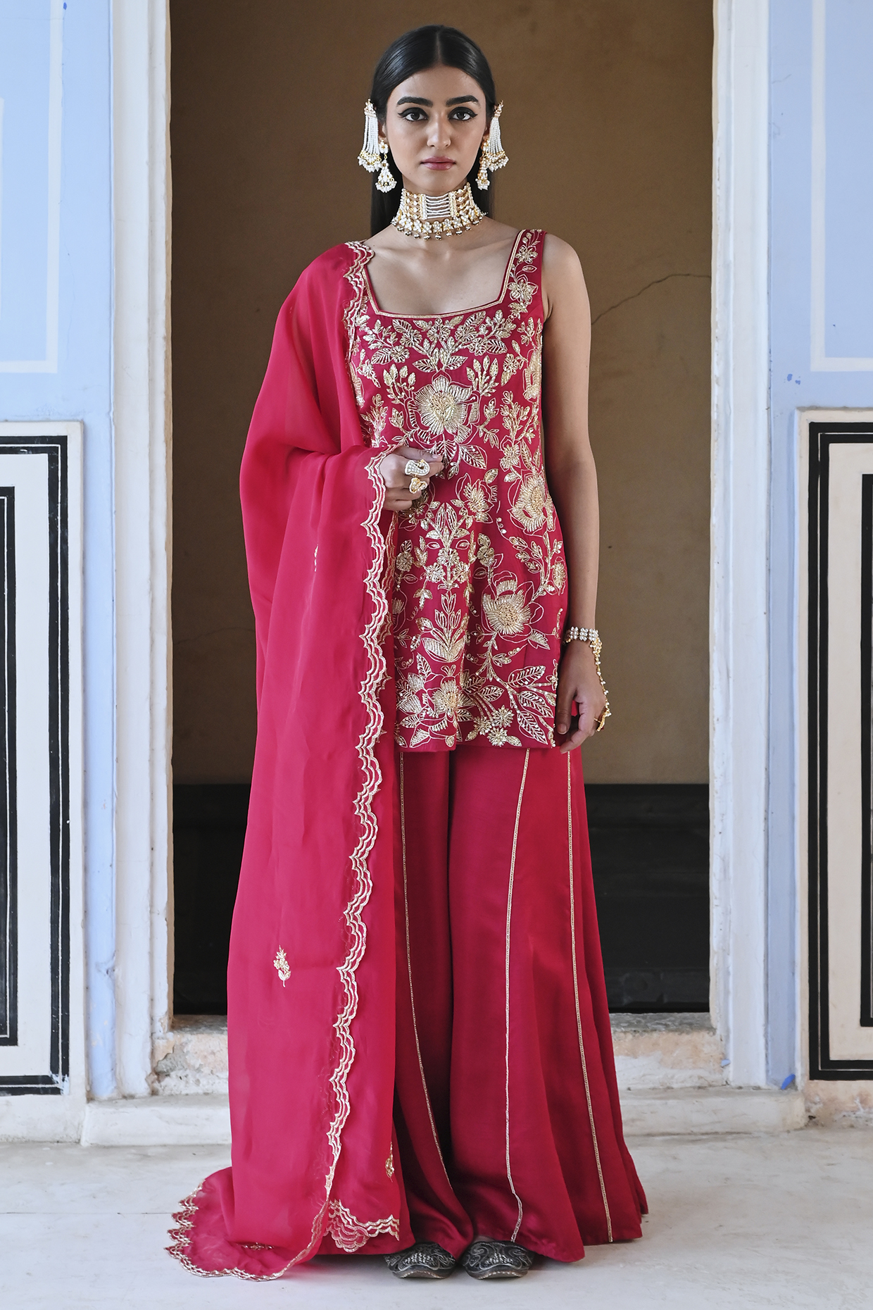 Red Raw Satin Floral Jaal Embroidered Kurta Set by Ease at Pernia's Pop Up Shop