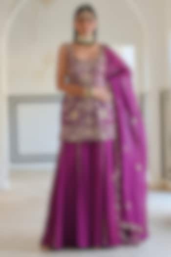 Purple Raw Satin Floral Jaal Embroidered Kurta Set by Ease at Pernia's Pop Up Shop