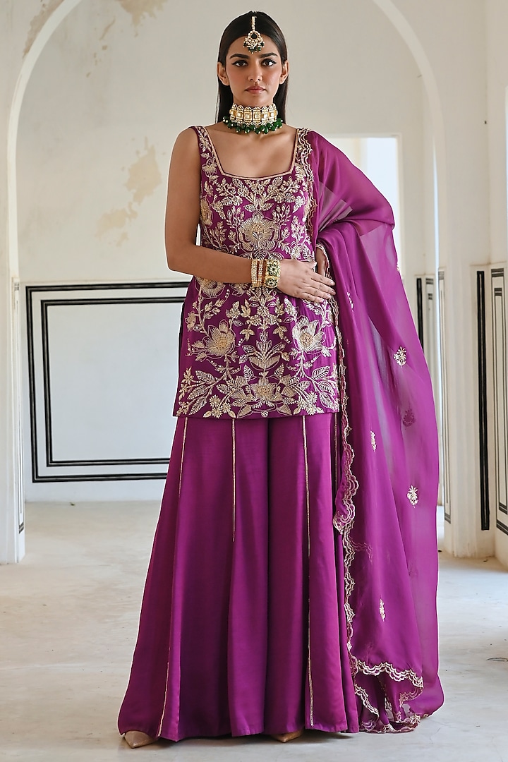 Purple Raw Satin Floral Jaal Embroidered Kurta Set by Ease at Pernia's Pop Up Shop
