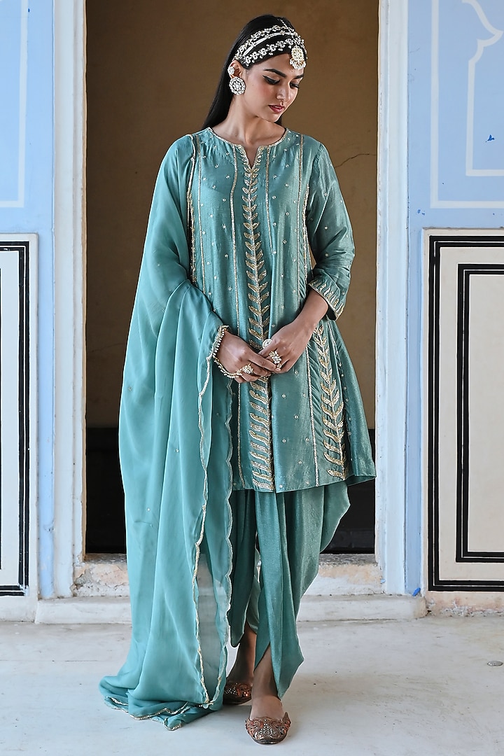 Turquoise Blue Silk Embroidered Kurta Set by Ease at Pernia's Pop Up Shop