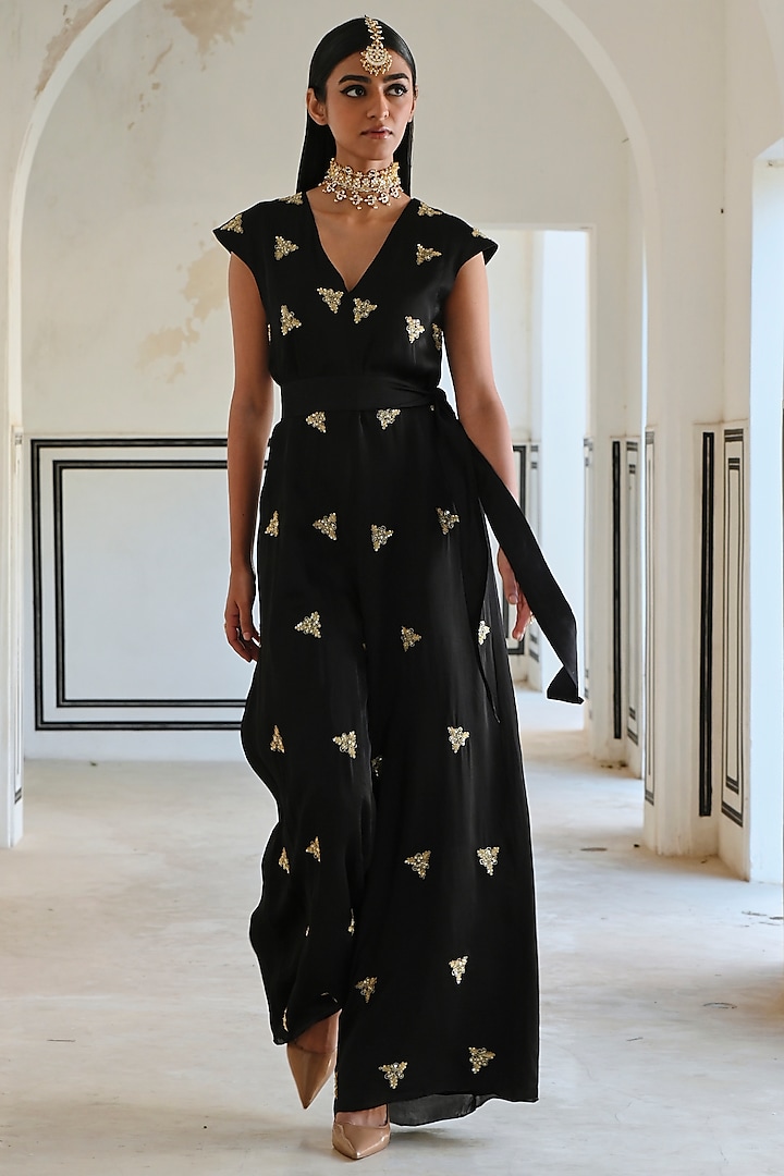 Black Viscose Organza Embroidered Jumpsuit by Ease at Pernia's Pop Up Shop