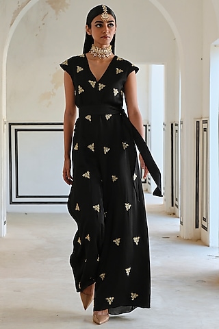 Black Viscose Organza Embroidered Jumpsuit by Ease