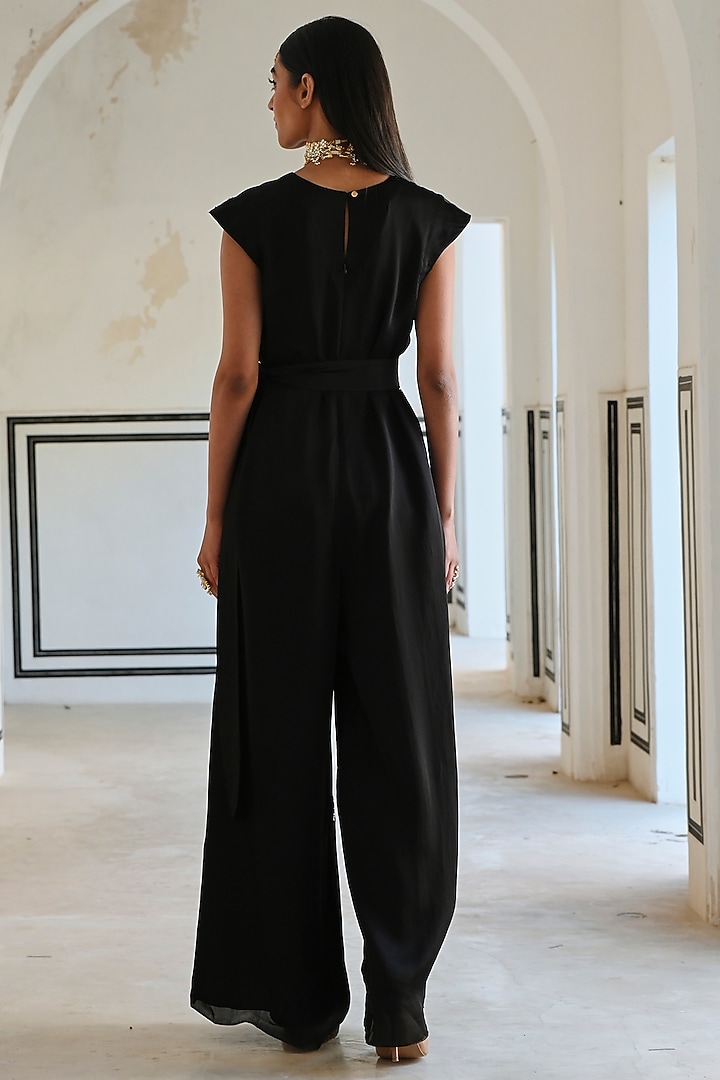 Black Viscose Organza Embroidered Jumpsuit by Ease at Pernia's Pop Up Shop