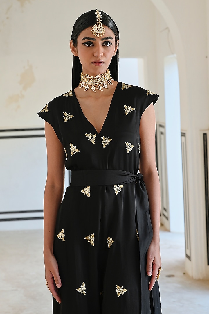 Black Viscose Organza Embroidered Jumpsuit by Ease at Pernia's Pop Up Shop