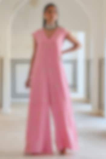 Baby Pink Viscose Organza Embroidered Jumpsuit by Ease at Pernia's Pop Up Shop
