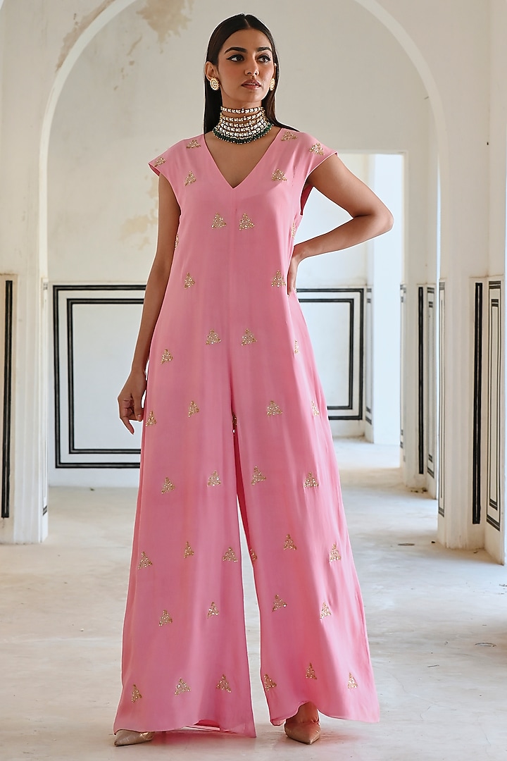 Baby Pink Viscose Organza Embroidered Jumpsuit by Ease at Pernia's Pop Up Shop