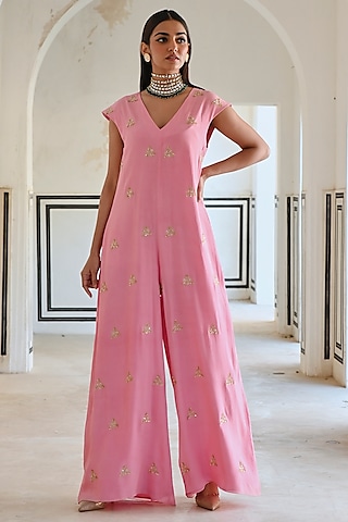 Baby Pink Viscose Organza Embroidered Jumpsuit by Ease