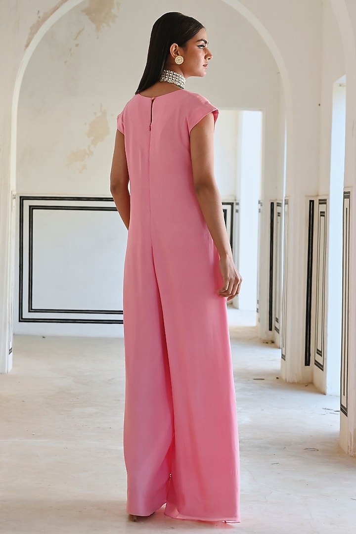 Baby Pink Viscose Organza Embroidered Jumpsuit by Ease at Pernia's Pop Up Shop