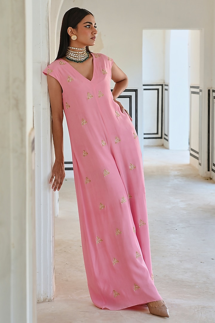 Baby Pink Viscose Organza Embroidered Jumpsuit by Ease at Pernia's Pop Up Shop