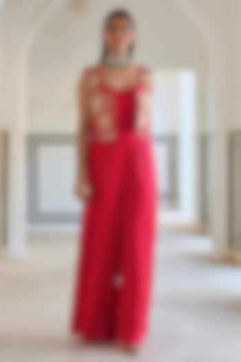 Red Raw Satin Jumpsuit With Jacket by Ease at Pernia's Pop Up Shop