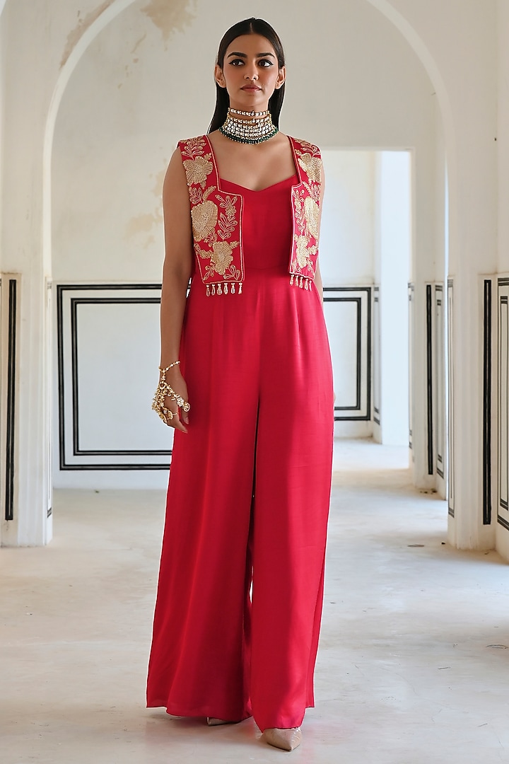 Red Raw Satin Jumpsuit With Jacket by Ease at Pernia's Pop Up Shop
