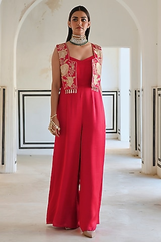 Red Raw Satin Jumpsuit With Jacket by Ease