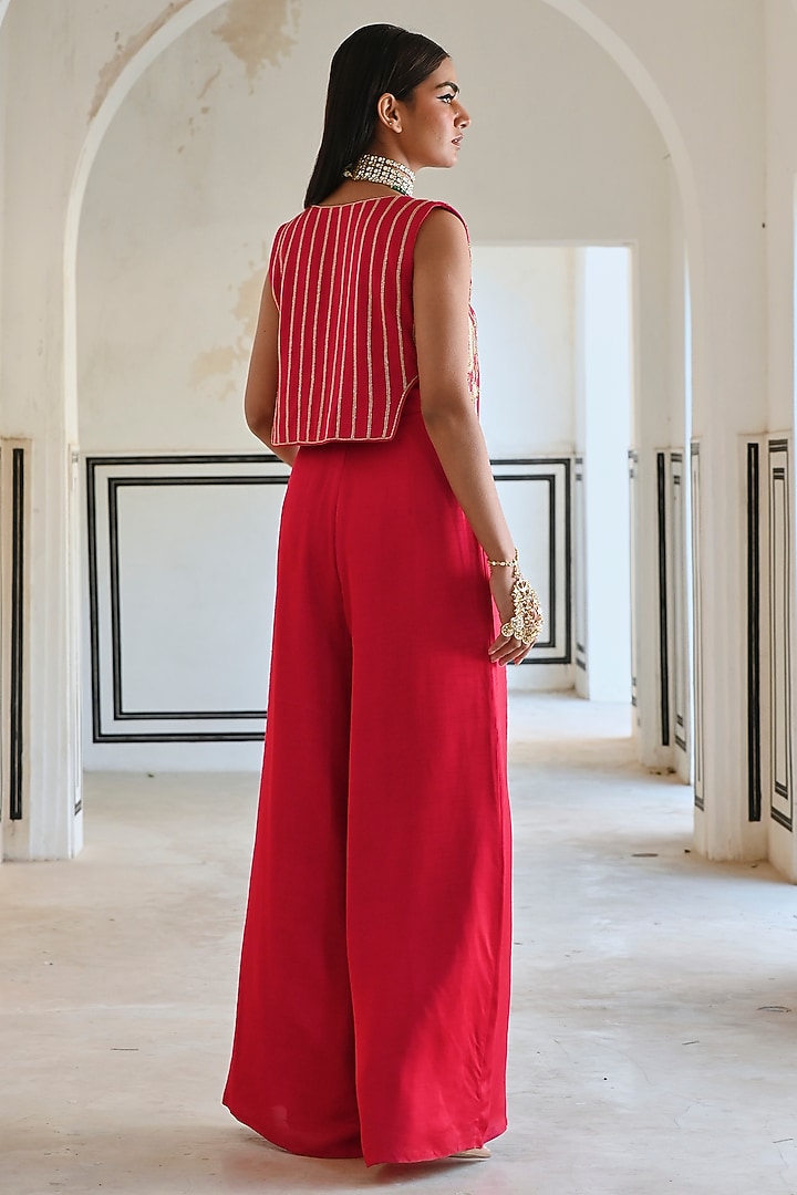 Red Raw Satin Jumpsuit With Jacket by Ease at Pernia's Pop Up Shop