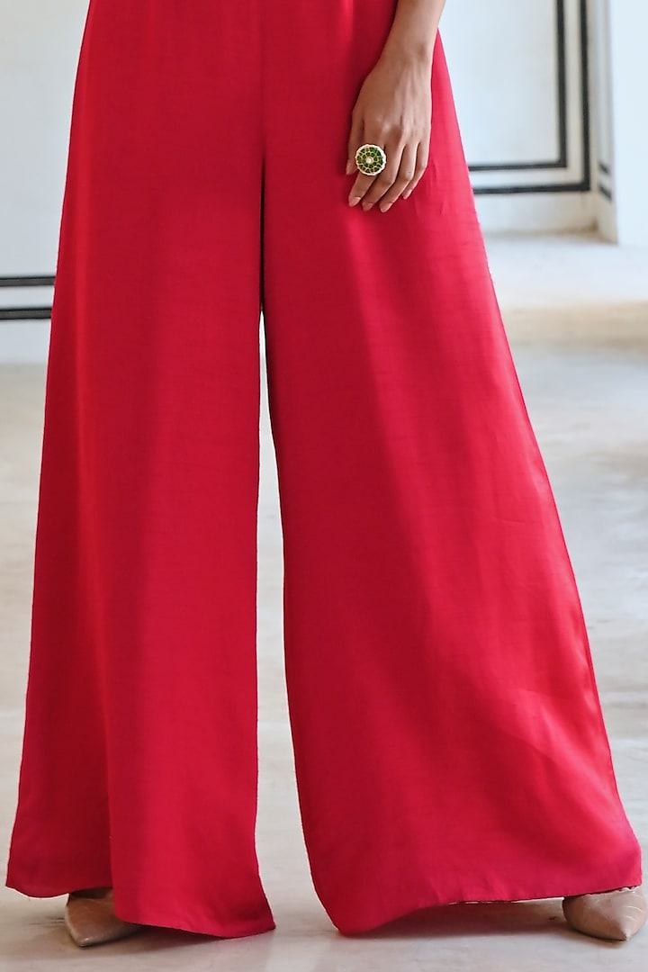 Red Raw Satin Jumpsuit With Jacket by Ease at Pernia's Pop Up Shop