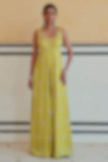 Lime Raw Satin Embroidered Jumpsuit by Ease at Pernia's Pop Up Shop