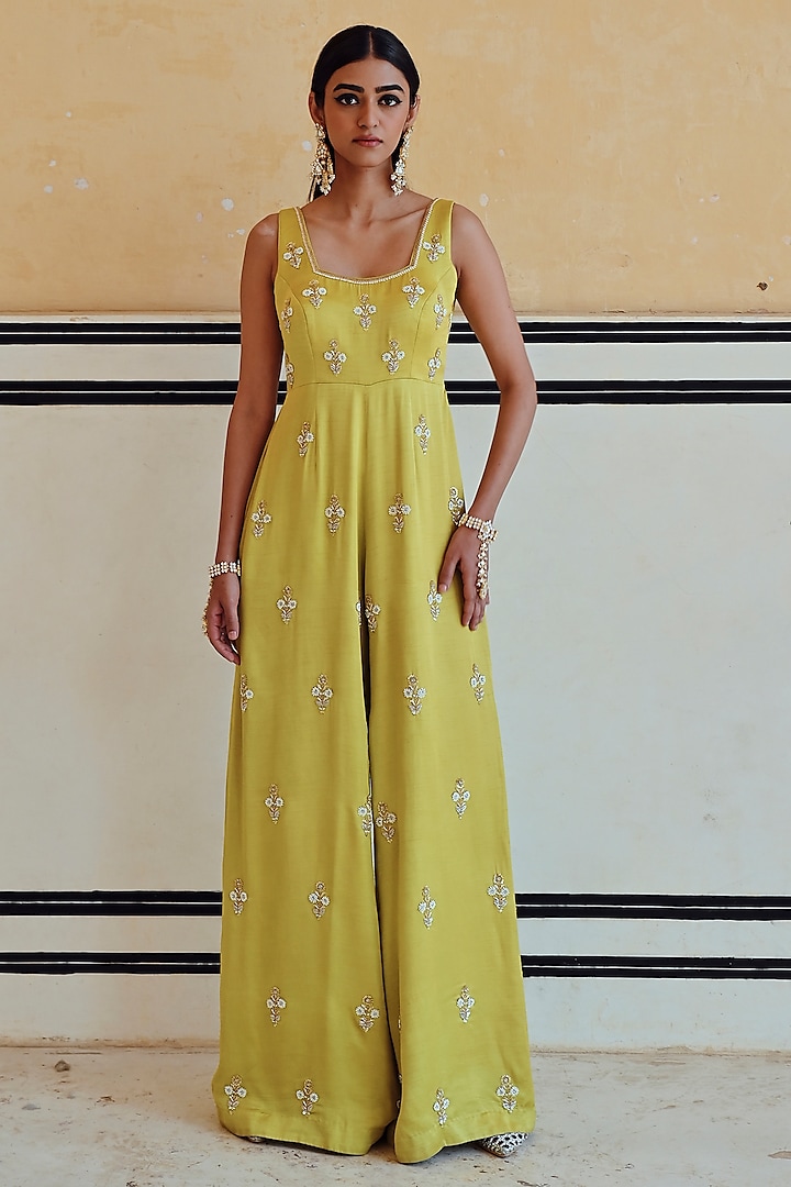 Lime Raw Satin Embroidered Jumpsuit by Ease at Pernia's Pop Up Shop