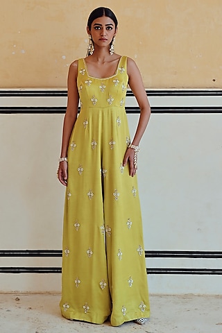 Lime Raw Satin Embroidered Jumpsuit by Ease