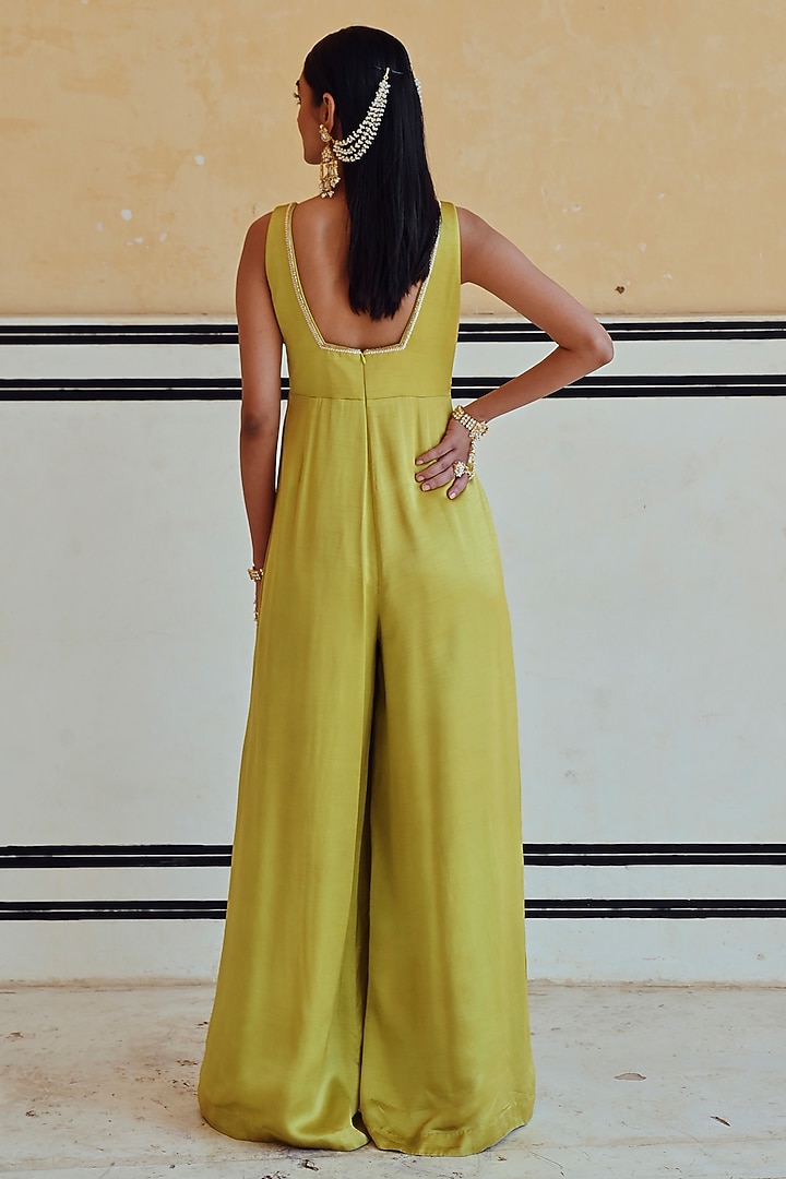 Lime Raw Satin Embroidered Jumpsuit by Ease at Pernia's Pop Up Shop