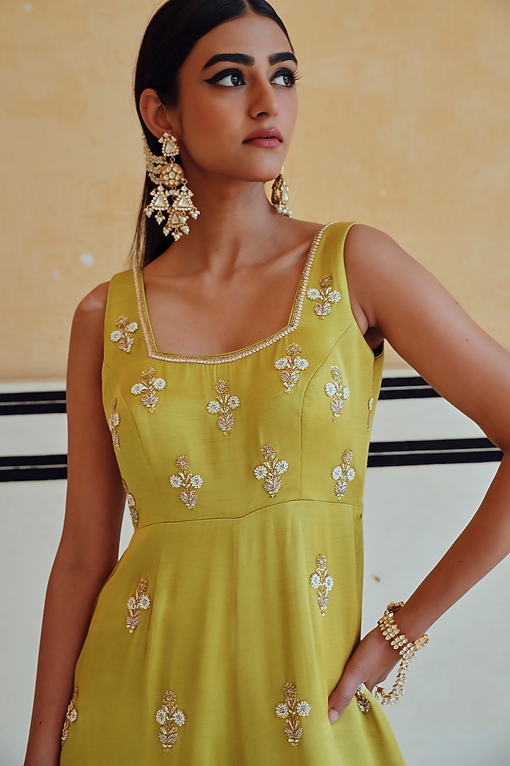 Lime Raw Satin Embroidered Jumpsuit by Ease at Pernia's Pop Up Shop
