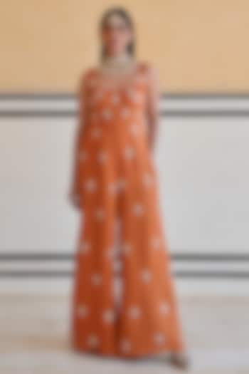 Copper Colored Raw Satin Embroidered Jumpsuit by Ease at Pernia's Pop Up Shop