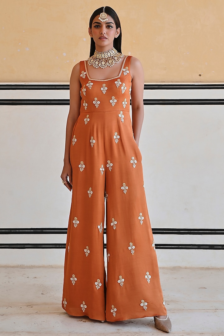 Copper Colored Raw Satin Embroidered Jumpsuit by Ease at Pernia's Pop Up Shop