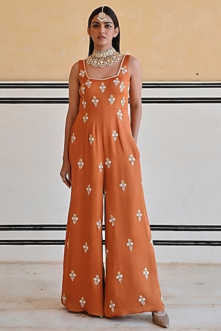 Copper Colored Raw Satin Embroidered Jumpsuit by Ease