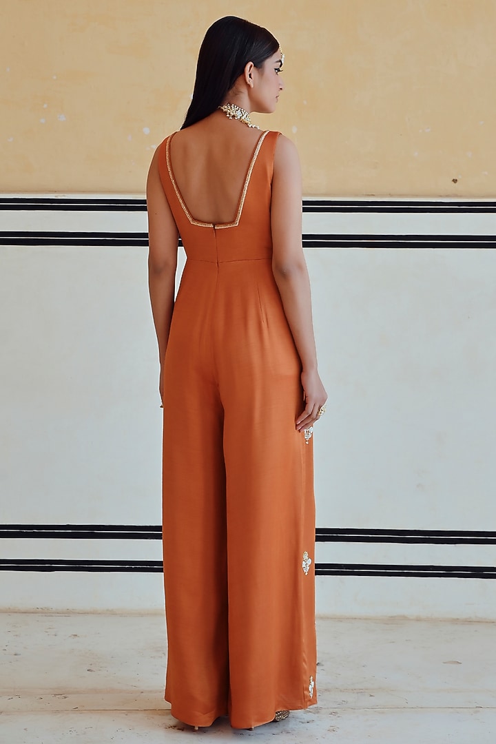 Copper Colored Raw Satin Embroidered Jumpsuit by Ease at Pernia's Pop Up Shop