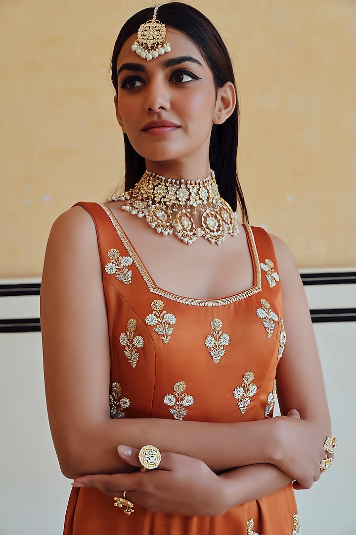 Copper Colored Raw Satin Embroidered Jumpsuit by Ease at Pernia's Pop Up Shop
