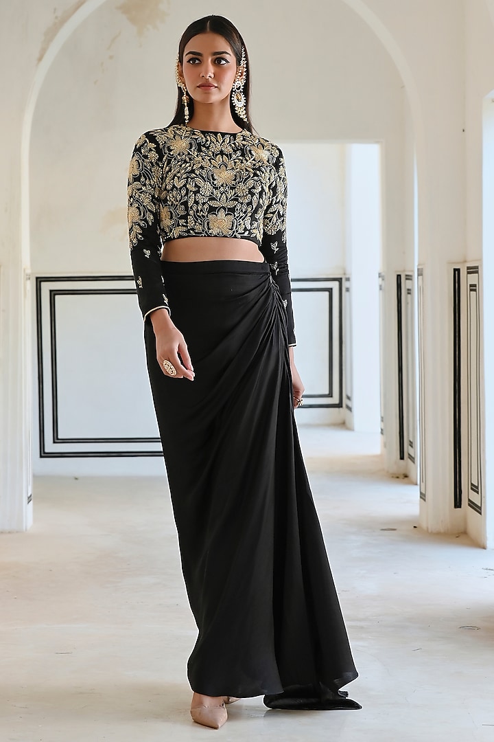 Black Raw Satin Cowl Skirt Set by Ease at Pernia's Pop Up Shop