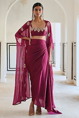 Magenta Viscose Organza Floral Boota Embroidered Jacket Set by Ease