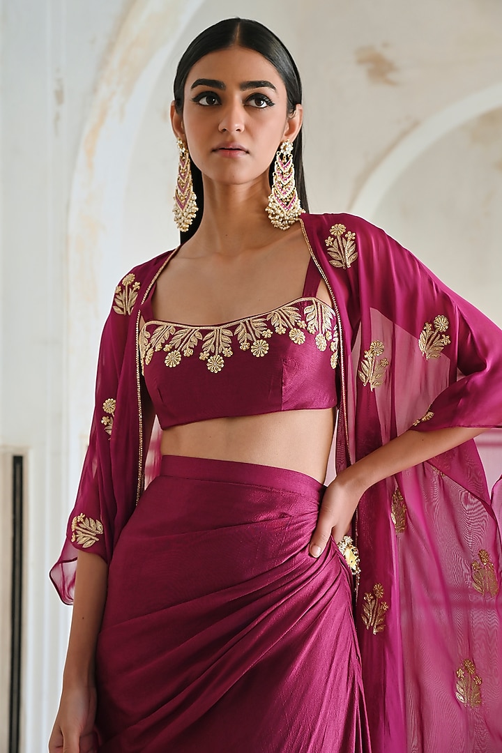 Magenta Viscose Organza Floral Boota Embroidered Jacket Set by Ease at Pernia's Pop Up Shop