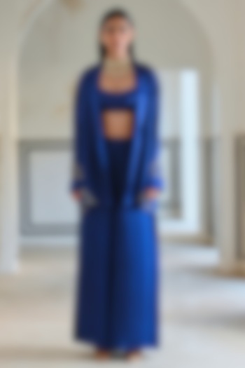 Royal Blue Raw Satin Embroidered Blazer Set by Ease at Pernia's Pop Up Shop