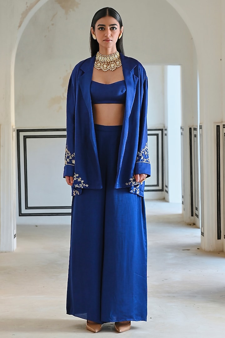 Royal Blue Raw Satin Embroidered Blazer Set by Ease at Pernia's Pop Up Shop