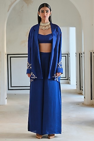 Royal Blue Raw Satin Embroidered Blazer Set by Ease