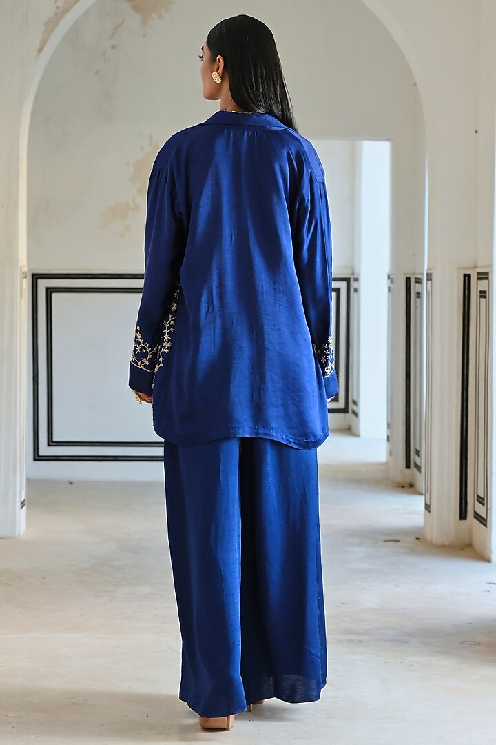 Royal Blue Raw Satin Embroidered Blazer Set by Ease at Pernia's Pop Up Shop