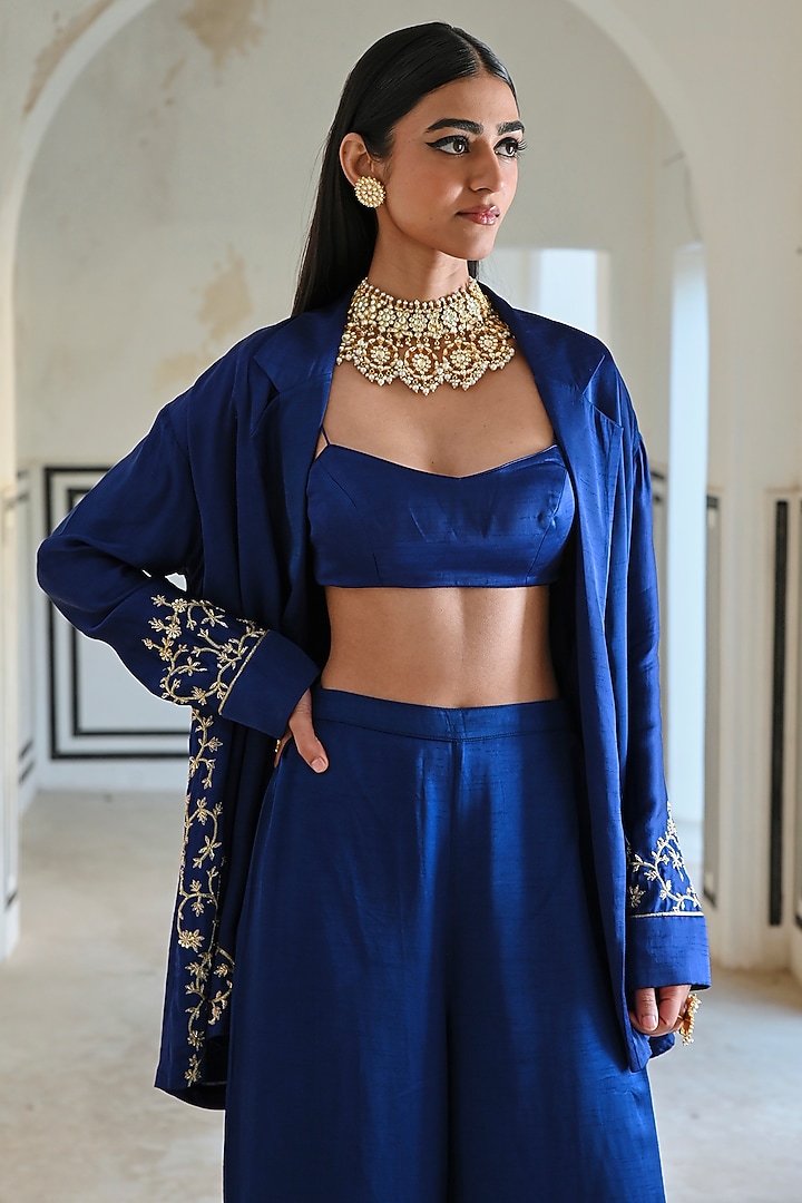 Royal Blue Raw Satin Embroidered Blazer Set by Ease at Pernia's Pop Up Shop