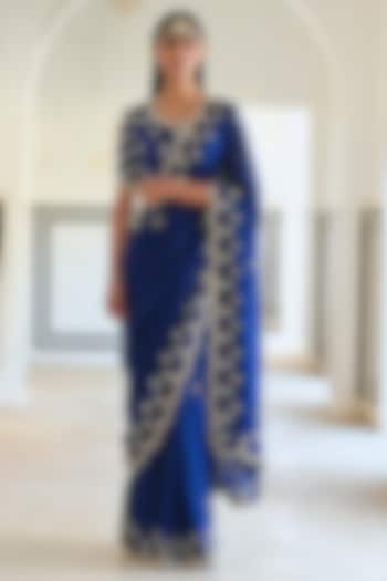 Royal Blue Pure Crepe Embroidered Wedding Saree Set by Ease at Pernia's Pop Up Shop
