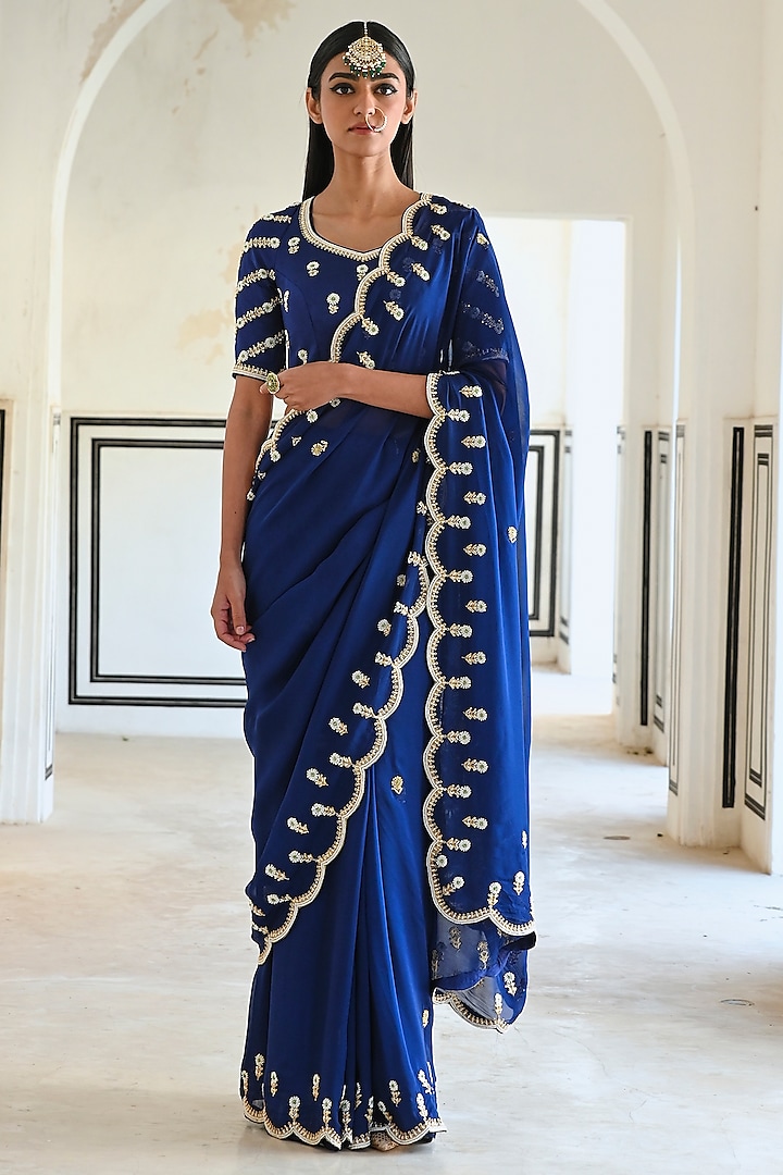 Royal Blue Pure Crepe Embroidered Wedding Saree Set by Ease at Pernia's Pop Up Shop