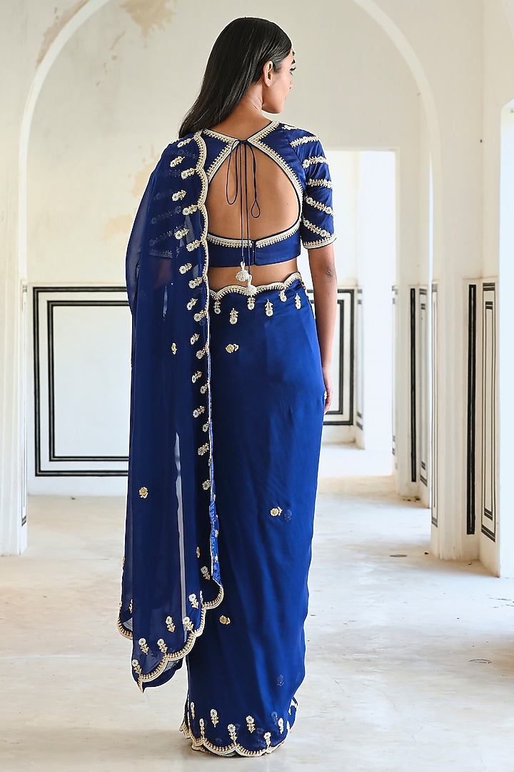 Royal Blue Pure Crepe Embroidered Wedding Saree Set by Ease at Pernia's Pop Up Shop