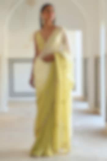 Ivory & Olive Green Ombre Embroidered Wedding Saree Set by Ease at Pernia's Pop Up Shop